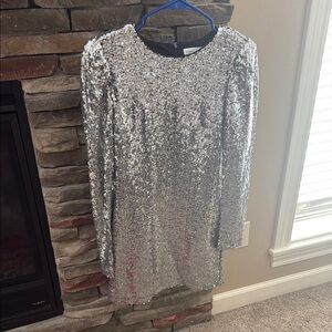Silver Sequin Long Sleeve Dress